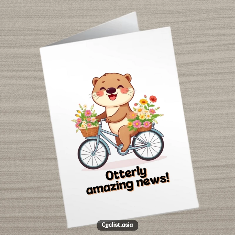 Funny Free Printable Congrats Card: A joyful otter on a bicycle, basket brimming with flowers, celebrating a victory.