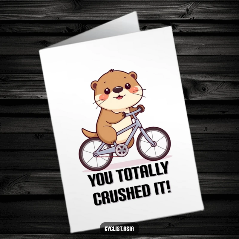 Funny Free Printable Congratulations Card: Playful otter wiggling nose on a bike, celebrating success with a smile.