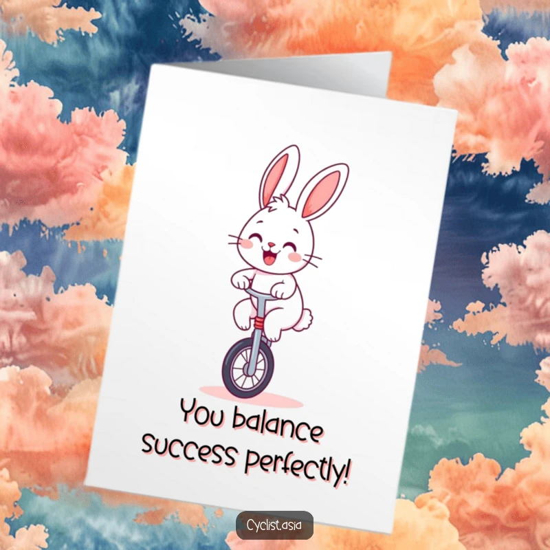 Funny Free Printable Congratulations Card: A cheerful bunny navigates a unicycle, symbolizing skillful achievement and celebration.