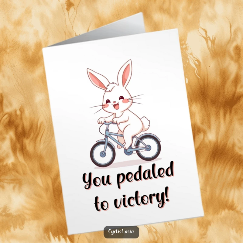 Funny Free Printable Congratulations Card: Energetic bunny with a joyful grin rides a bicycle, symbolizing a successful journey.