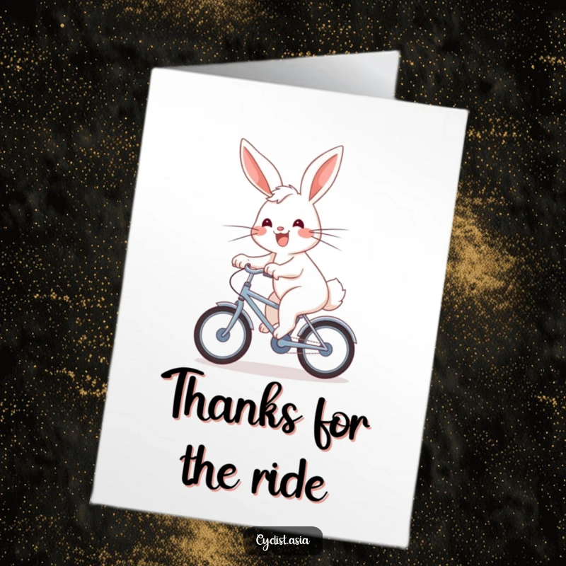 Funny Free Printable Thank You Card: Energetic bunny joyfully pedals a bicycle, conveying thanks for the journey.