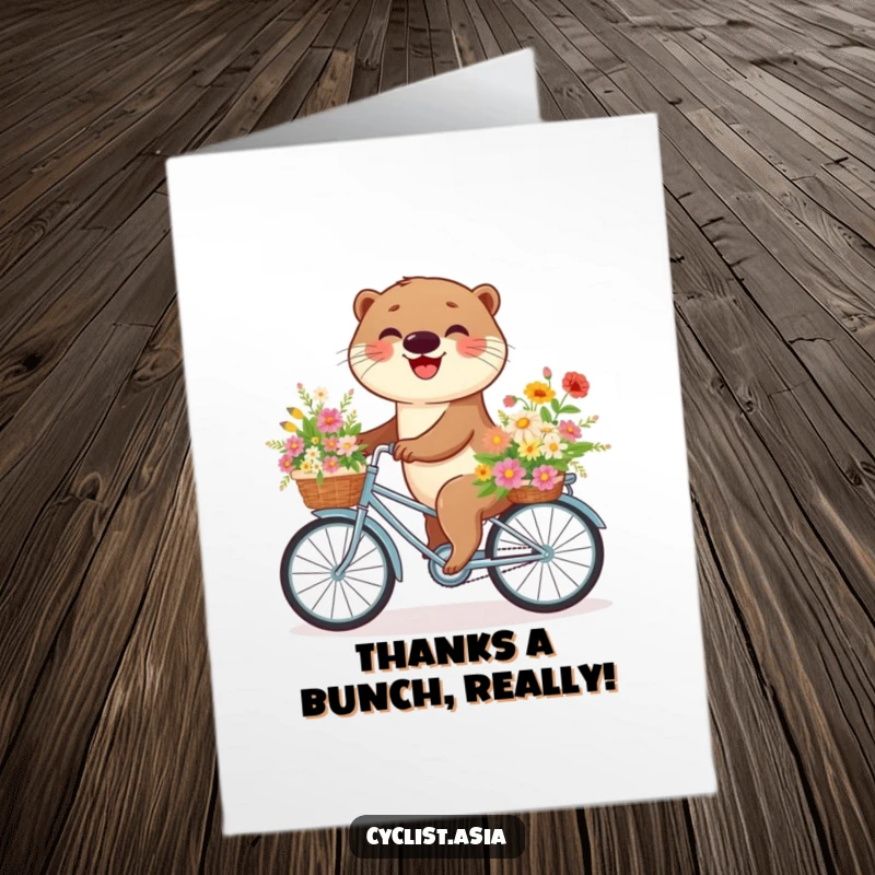 Free Printable Thank You Card: A happy otter cycling with a bike basket full of vibrant flowers, expressing gratitude.