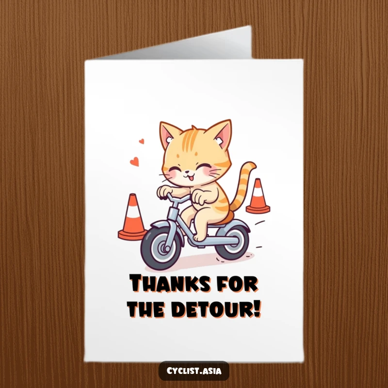 Funny Free Printable Thank You Card: A naughty cat expertly maneuvering a tricycle past bright orange traffic cones.