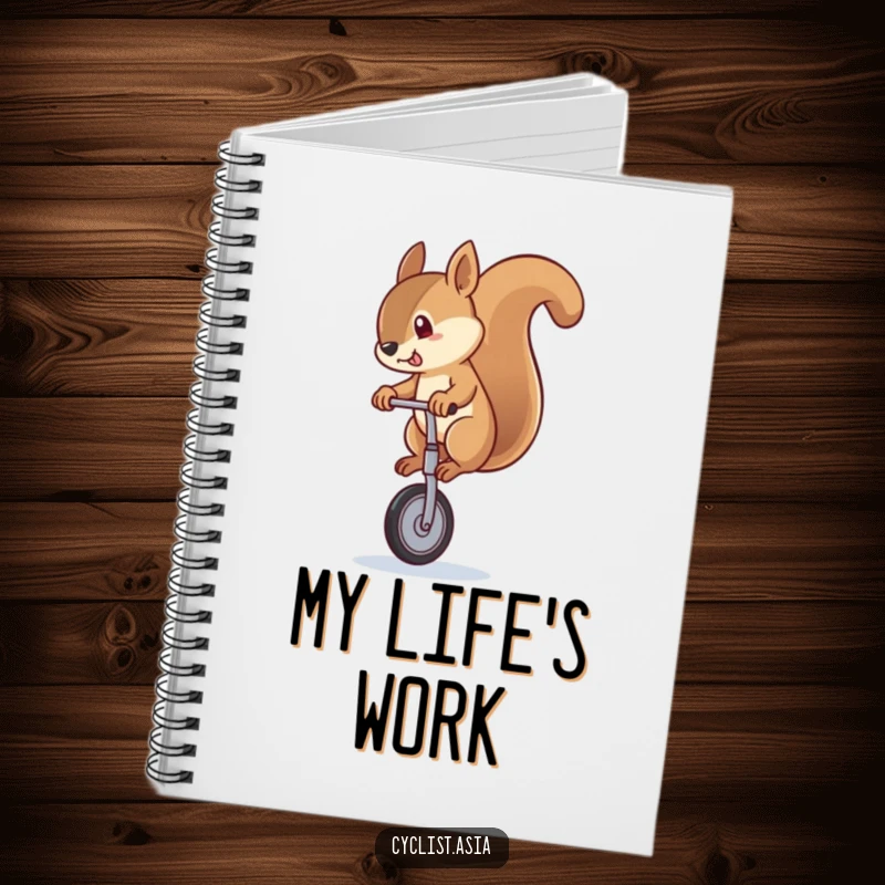 Funny squirrel notebook featuring a squirrel performing a comical unicycle wobble, perfect for capturing notes with a touch of humor.