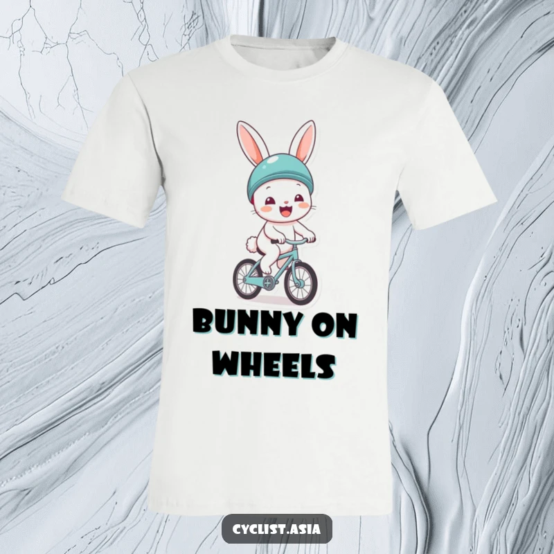 Funny t-shirt featuring a cheerful bunny character wearing a helmet, gleefully riding a small bicycle. Playful and uplifting design.