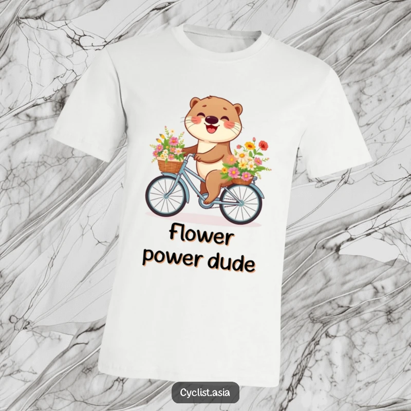 Funny otter t-shirt with a happy otter cycling a bike overflowing with vibrant flowers, perfect for cheerful outdoor adventures.