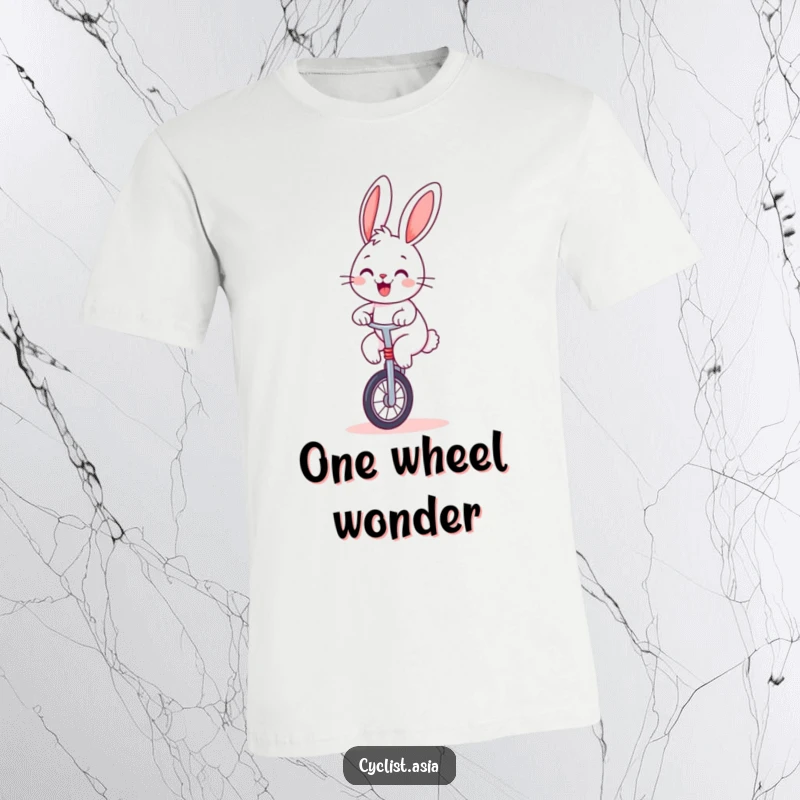 Funny bunny t-shirt, cheerful creature balancing on a unicycle, humorous graphic tee, ideal funny gift.