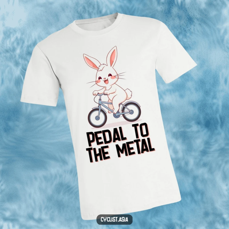 Funny T-Shirt: An energetic bunny with a joyful grin pedals a bicycle, its fur blowing in the wind.