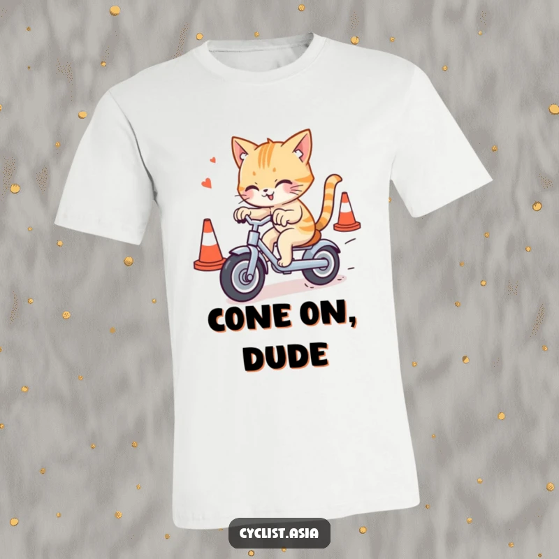 Funny cat t-shirt depicting a mischievous cat expertly navigating traffic cones on a small tricycle, celebrating playful feline energy.