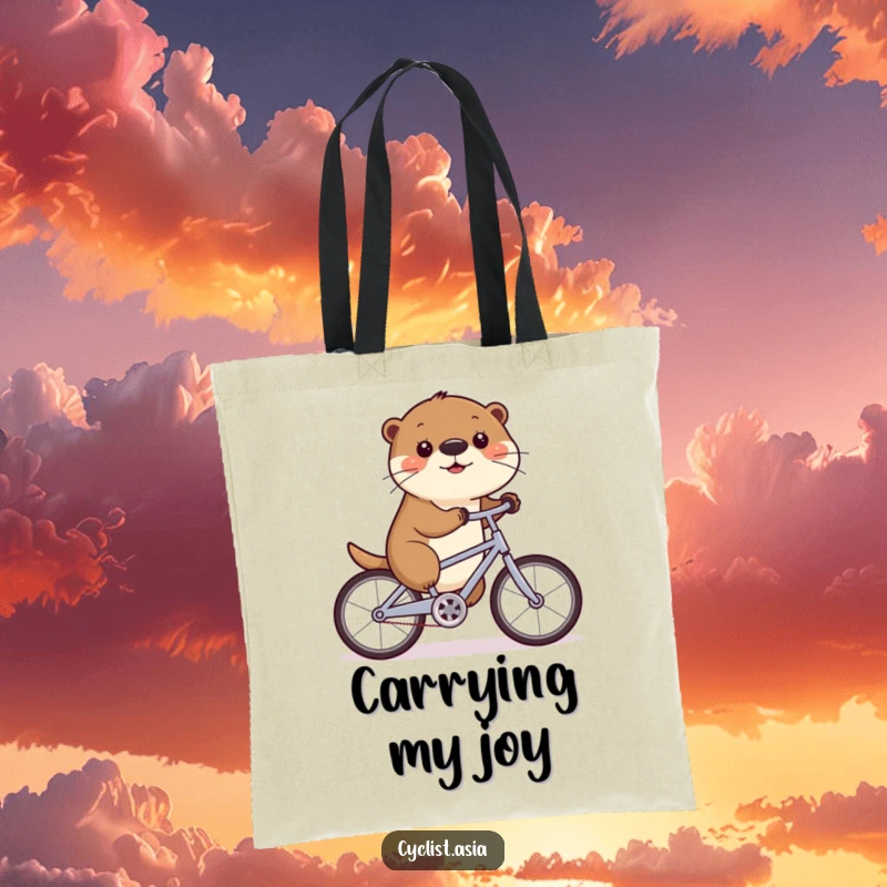Funny tote bag depicting a cheerful otter with a wiggling nose cycling, ideal for grocery shopping or daily errands.