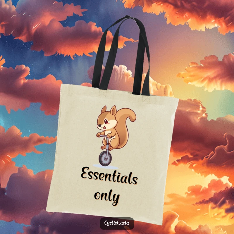 Funny squirrel tote bag featuring a squirrel masterfully (or amusingly) wobbling on a unicycle, perfect for stylish, humorous errands.