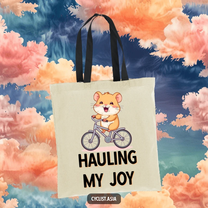 Funny hamster tote bag, happy creature riding a tiny bicycle, humorous and practical tote bag.